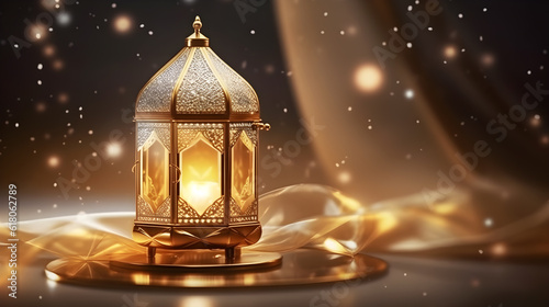 Golden Moroccan ornamental lanterns on the table. Greeting card, invitation for Muslim holy month Ramadan Kareem created with Generative AI 
