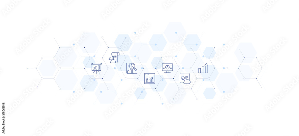 Statistics banner vector illustration. Style of icon between. Containing analysis, analytics, analyze, bar chart, benefits, book.