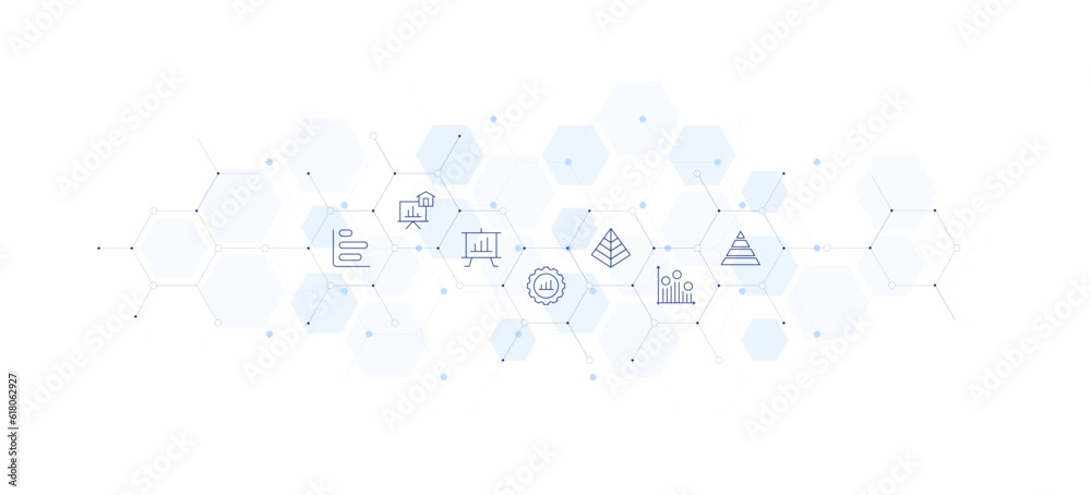 Statistics banner vector illustration. Style of icon between. Containing bar chart, presentation, program, pyramid chart, pyramid, regression.