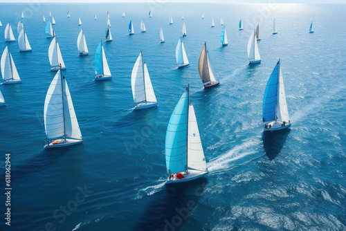 Obraz na plátně Beautiful sailboats sailing in a team on a sea of blue clarity was captured by a