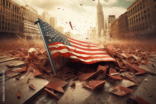 Fotografia Fallen American flag against the background of the burning and crumbling skyscrapers