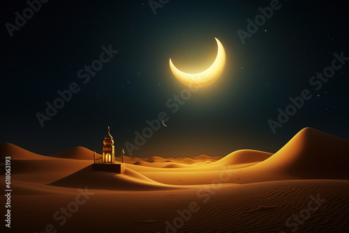 Crescent Moon with Illuminated Lantern on Sand Dune  Night Background  islamic fantasy style