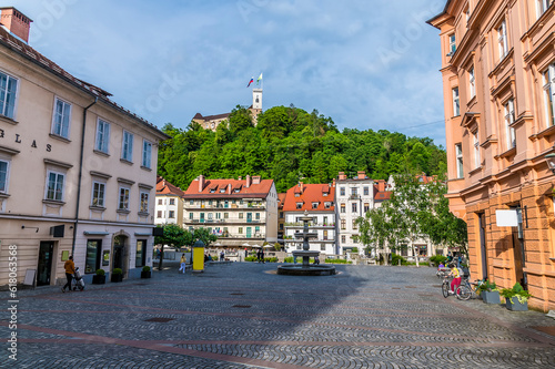 A view down the New Square towards the Castle in Ljubljana, Slovenia in summertime