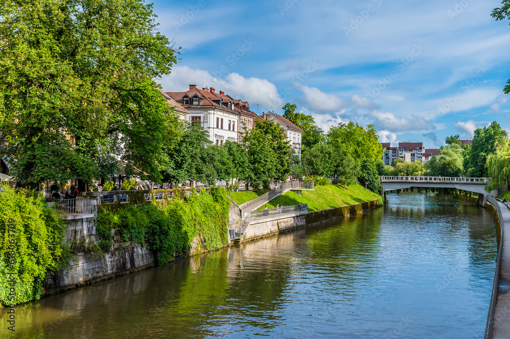 A view down the River Ljubljanica from the New Square in Ljubljana, Slovenia in summertime A view down the River Ljubljanica from the New Square in Ljubljana, Slovenia in summertime