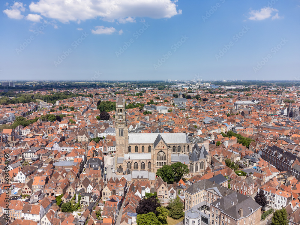 Aerial view of St. Salvator's Cathedral, the Roman Catholic cathedral of Bruges, Belgium. St. Salvator (Savior) is the main church of the city of Bruges.