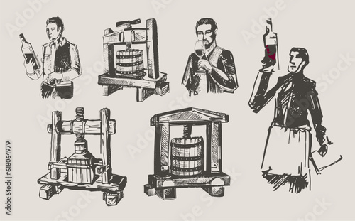 Hand drawn Illustrations for winemaking. Man carries barrels of wine in a cart. Men carry wine barrels. Confident male sommelier examining glass with wine  near the wooden shelf.
