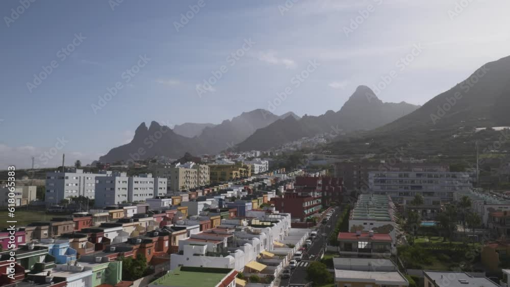 Aerial of Cape Town in South Africa with colorful buildings surrounded by big mountains Aerial of Cape Town in South Africa with colorful buildings surrounded by big mountains