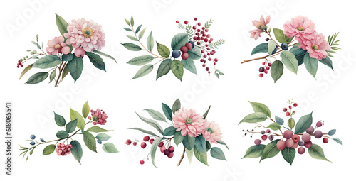 Watercolor eucalyptus, flowers and berries set. Generative Ai