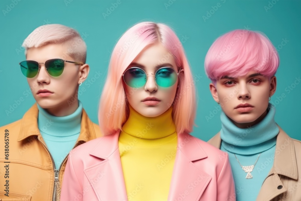 Many teenagers with colorful haircuts and sunglasses. Generative ai