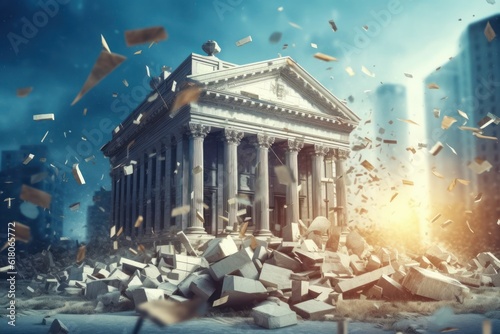 Bank building collapsing in a modern city. Bankruptcy of financial institution. The bricks of the economic foundation are crumbling, stocks and bonds are flying around. Economic crisis. 3D rendering.