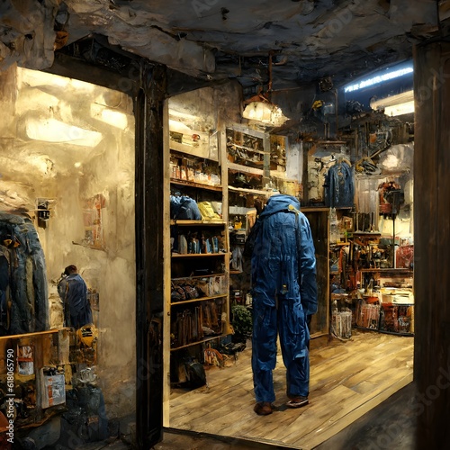building inside a interior store a middleaged man has a fix it shop and wears coveralls ultradetailed v4 