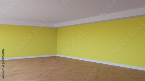 Corner of the Yellow Interior with a White Ceiling and Cornice, Glossy Herringbone Parquet Floor, and a White Plinth. Unfurnished Room Concept. 3D illustration, Ultra HD 8K, 7680x4320, 300 dpi © SK-Studio