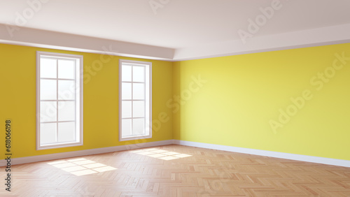 Room with Yellow Walls, Two Windows, White Ceiling and Cornice, Glossy Herringbone Parquet Flooring and a White Plinth. Beautiful Interior Concept. 3D illustration, 8K Ultra HD, 7680x4320, 300 dpi