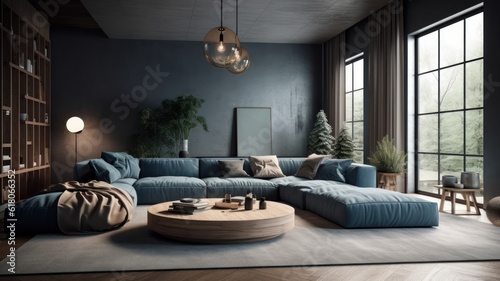 Cozy living room in blue and gray tones. Stylish corner sofa, round coffee table, carpet on wooden floor, plants in floor pots, home decor, panoramic windows with garden view. 3D rendering.