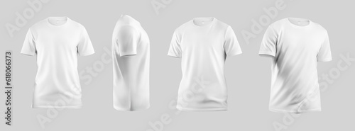 White men's t-shirt mockup 3D rendering, sports shirt for design, pattern, front, side view. Set. © olegphotor