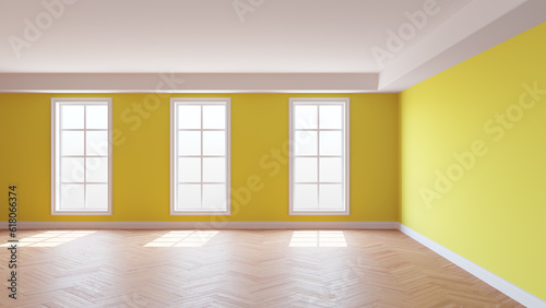 Yellow Room with a White Ceiling and Cornice, Glossy Herringbone Parquet Floor, Three Large Windows and a White Plinth. Sunny Beautiful Interior. 3D illustration, 8K Ultra HD, 7680x4320, 300 dpi