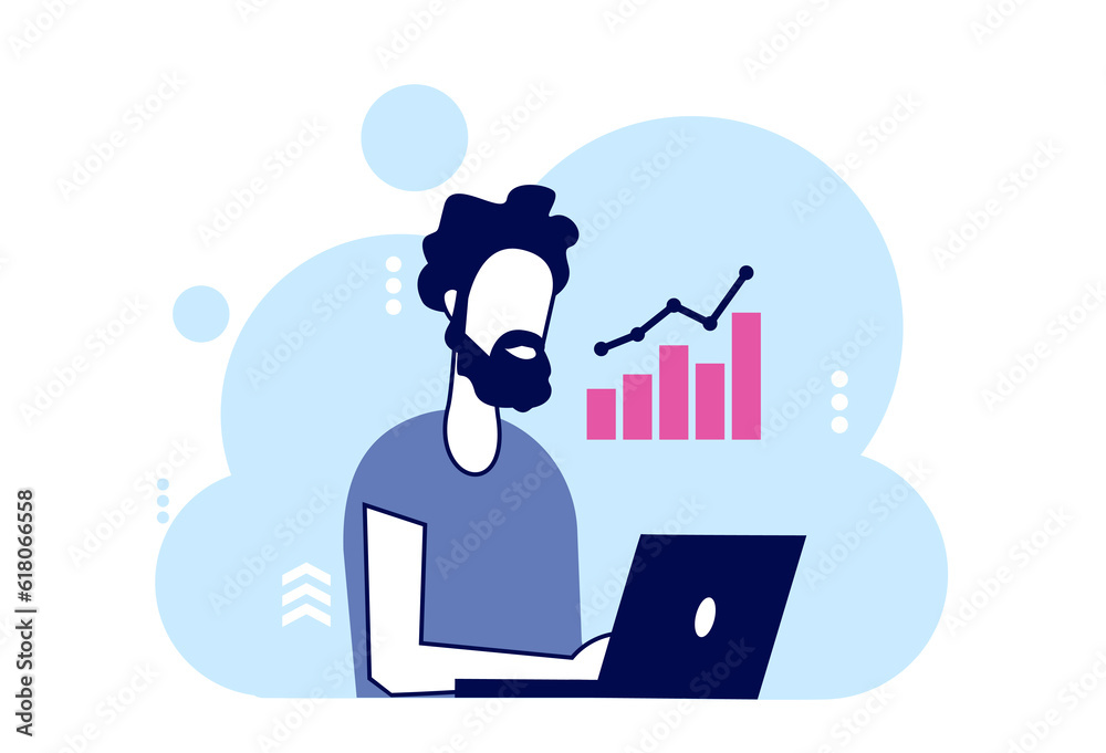 Vector of a man working on laptop analyzing internet data Vector of a man working on laptop analyzing internet data