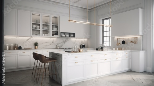 Interior of modern minimalist kitchen. White facades  kitchen island with bar stools  trendy chandelier  modern kitchen appliances and utensils. Minimalist interior design. 3D rendering.