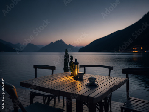 A lantern and a cup of coffee on a wooden table with a lake in the background.