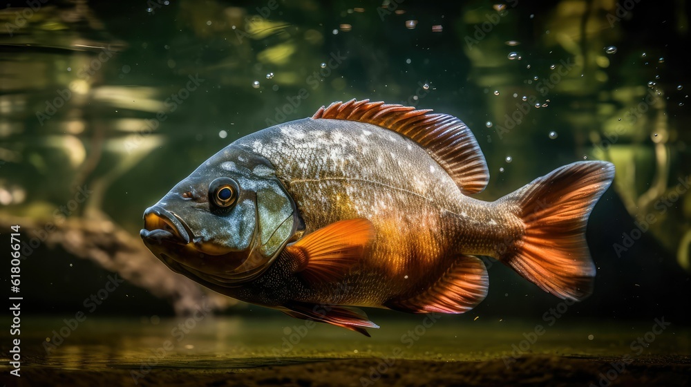 Piranha (Latin Pygocentrus nattereri) with sharp teeth on a dark bottom background Piranha (Latin Pygocentrus nattereri) with sharp teeth on a dark bottom background