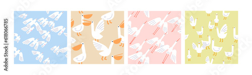 Flying birds, seamless pattern designs. Endless background, repeating print with cranes flock, doves, chicken, pelicans. Colored flat graphic vector illustrations for textile, fabric, wrapping