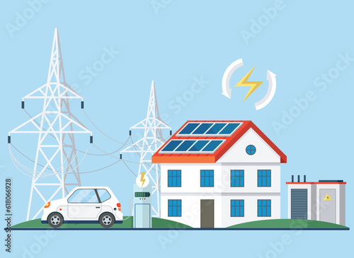 Solar panel with sun power photovoltaic PV home system renewable electric energy technology house. Solar panel and batteries with sun. Electric car charging on renewable smart power off-grid system
