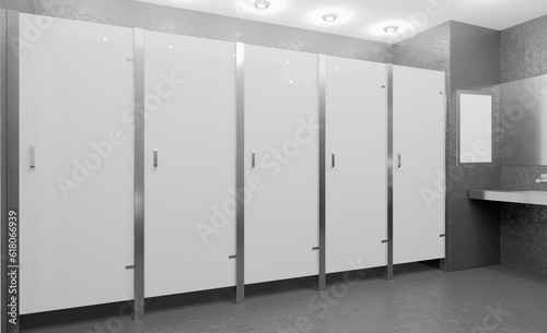 Contemporary interior of public toilet. 3D rendering.. Mockup.   Empty paintings