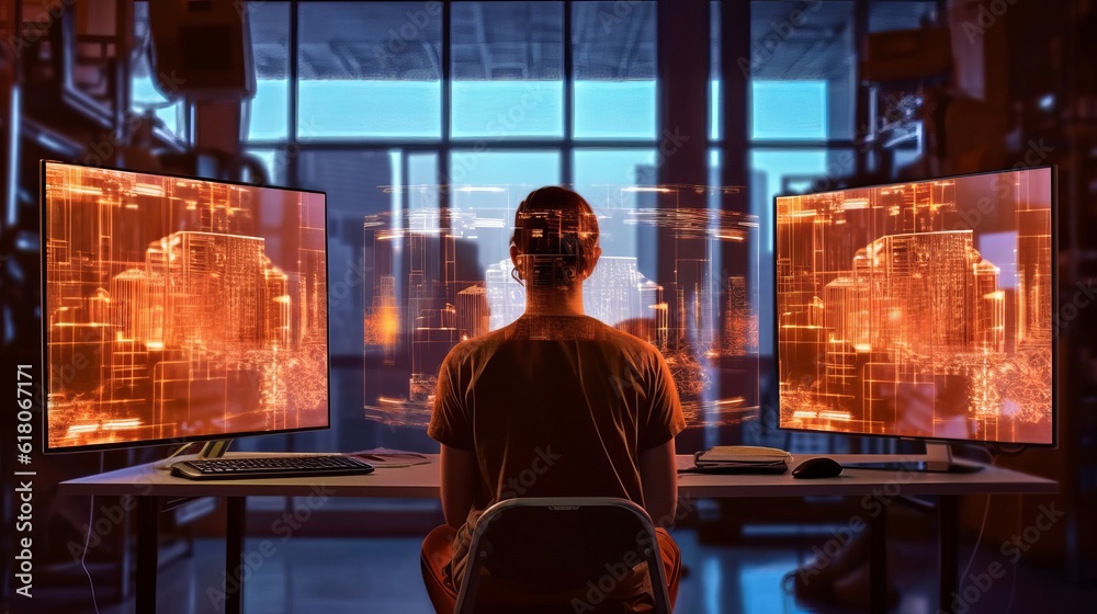 man writing in big sized room with computer desk man writing in big sized room with computer desk