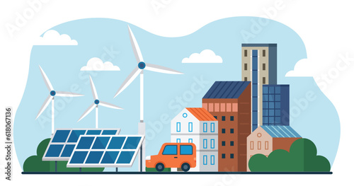 Solar panels energy charging. Renewable alternative ecological technology with power plant, solar battery, panel. Solar panels cells for electricity grid. Eco friendly power industry, sustainable