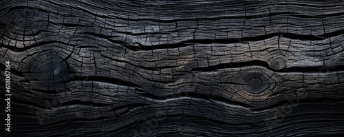 Black texture of bark detailed wood, panorama background. Generative Ai.