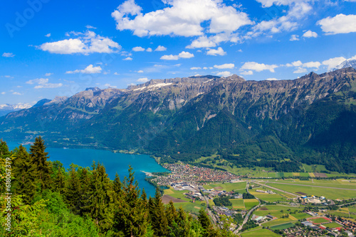 Breathtaking aerial view of Interlaken  Lake Brienz and Swiss Alps from Harder Kulm viewpoint  Switzerland