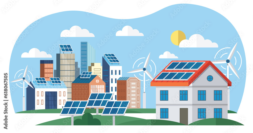 Solar panels and wind turbines or alternative sources of energy. Eco friendly, sustainable renewable and alternative energy. Smart grid virtual battery energy storage network with house office factory