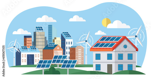 Solar panels and wind turbines or alternative sources of energy. Eco friendly, sustainable renewable and alternative energy. Smart grid virtual battery energy storage network with house office factory