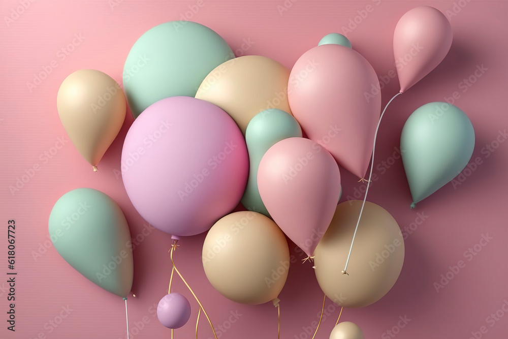 Pastel balloons on pink background, birthday party, father’s day, mothers day, new year background, balloons illustration for card, party, poster, decor, banner, web, advertising, generative ai