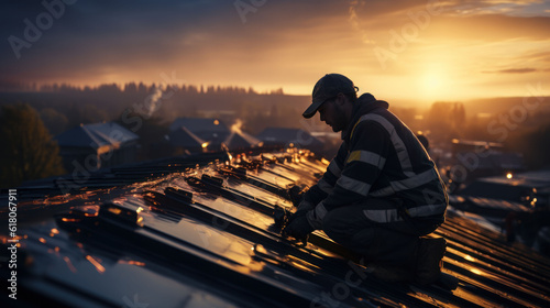 worker installing metal sheet roofer sunset over the city