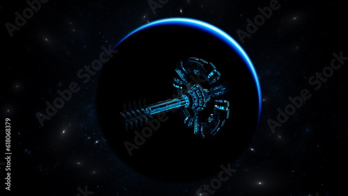 Fototapeta Naklejka Na Ścianę i Meble -  Space station is wandering in space in search of planet suitable for life. Flight spaceship near blue planet among stars and galaxies. 3d render