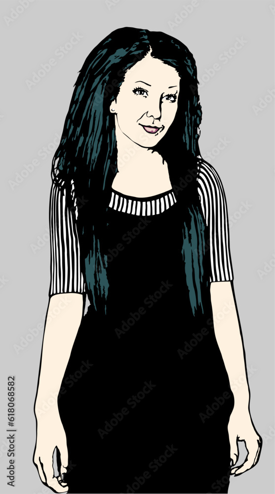 Рисунок длинноволосой барышни, поклонницы готического рока, в черном платье с полосатым топом. Векторный рисунок ручной работы Андрея Бондаренко #iThyx