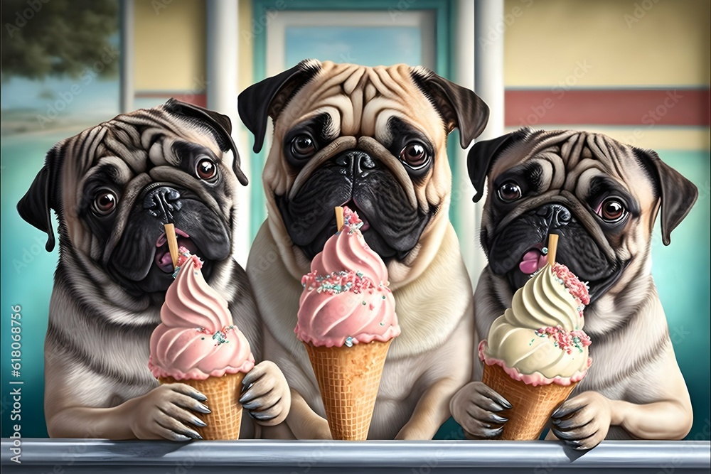 3 pugs at a diner restaurant eating a banana split ice cream highly detailed hyper realistic 