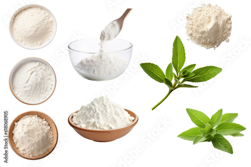 Fototapete SET of different stevia sweetener in a powder, in liquid, isolated, transparent