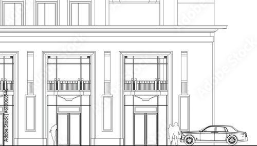 Illustration of an architectural hotel apartment facade, line drawing blueprint
