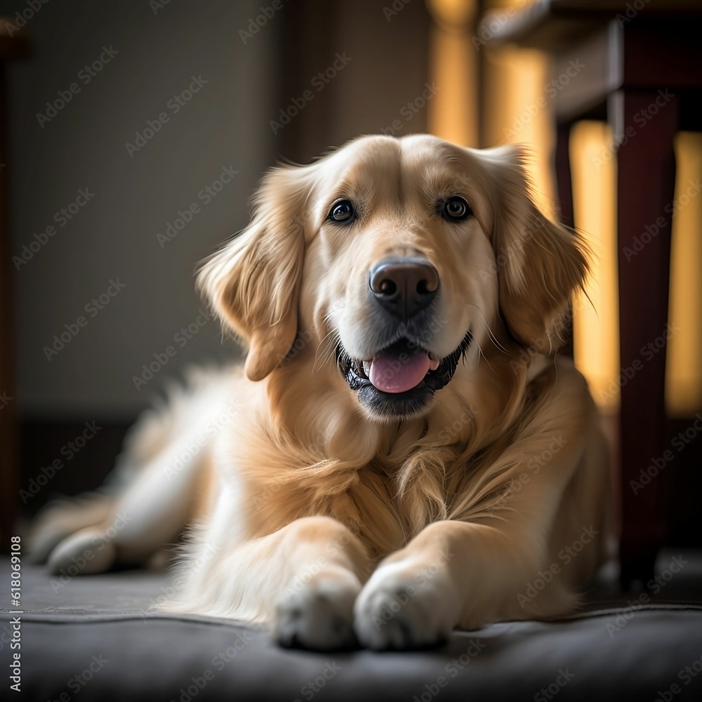 AI generated illustration of a cute Golden Retriever on the floor at home AI generated illustration of a cute Golden Retriever on the floor at home