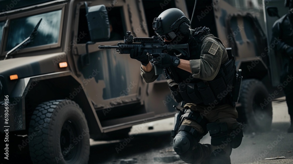 AI generated illustration of armed police officers patrolling AI generated illustration of armed police officers patrolling