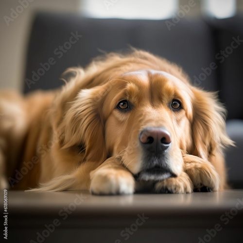 AI generated illustration of a cute Golden Retriever on the floor at home