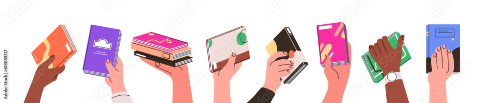 Hands holding, giving, sharing paper books set. Taking, recommending fiction and study literature for reading, school textbooks, dictionaries. Flat vector illustrations isolated on white background - obrazy, fototapety, plakaty 