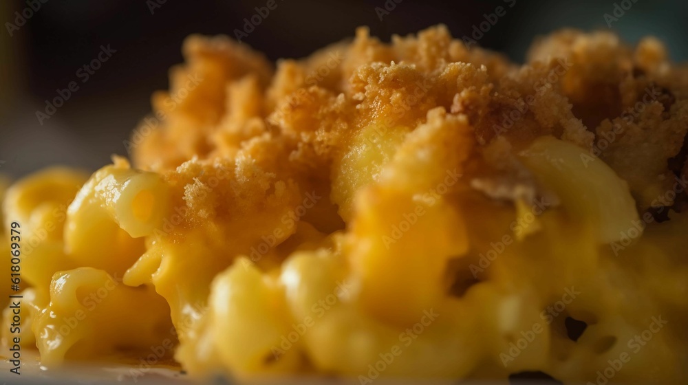 AI-generated illustration of macaroni and cheese, with a crispy breadcrumb topping. AI-generated illustration of macaroni and cheese, with a crispy breadcrumb topping.