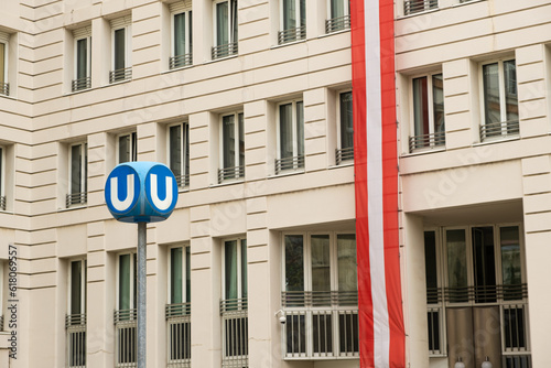 Canvas Print Metro in Austria, sign U subway and flag of Austria.