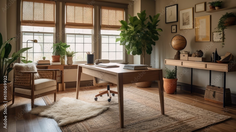 Light room interior with comfortable workplace near window Light room interior with comfortable workplace near window