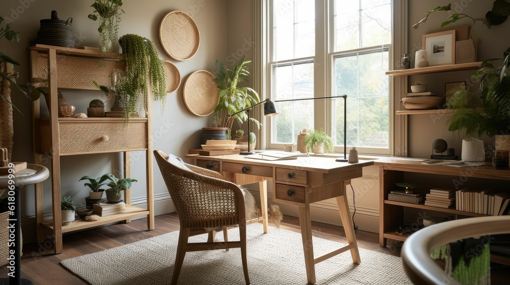 Light room interior with comfortable workplace near window Light room interior with comfortable workplace near window