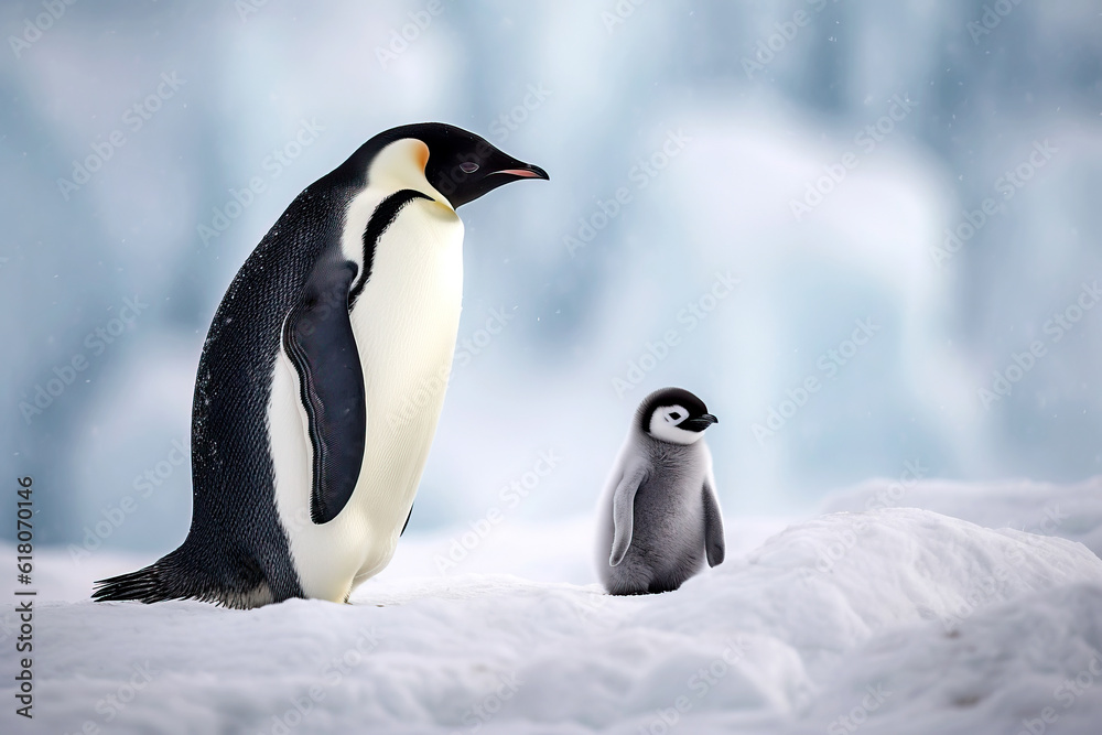 Fototapeta premium Adorable portrait of an Emperor penguin with his chick on the sea ice in the Antarctica. Amazing Wildlife. Generative Ai