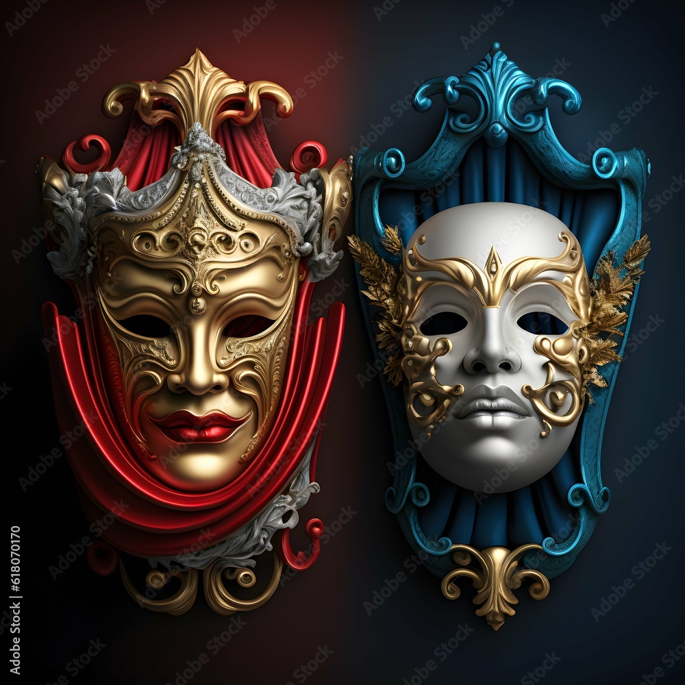 victorian theater masks highly detailed 4k 8k hyper realistic spotlight very bright vibrant colors 
